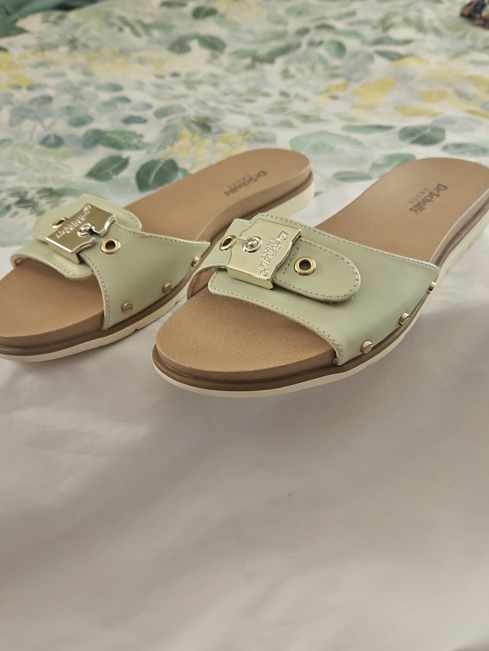 DSW Mint Green Slide Sandals with Gold Hardware